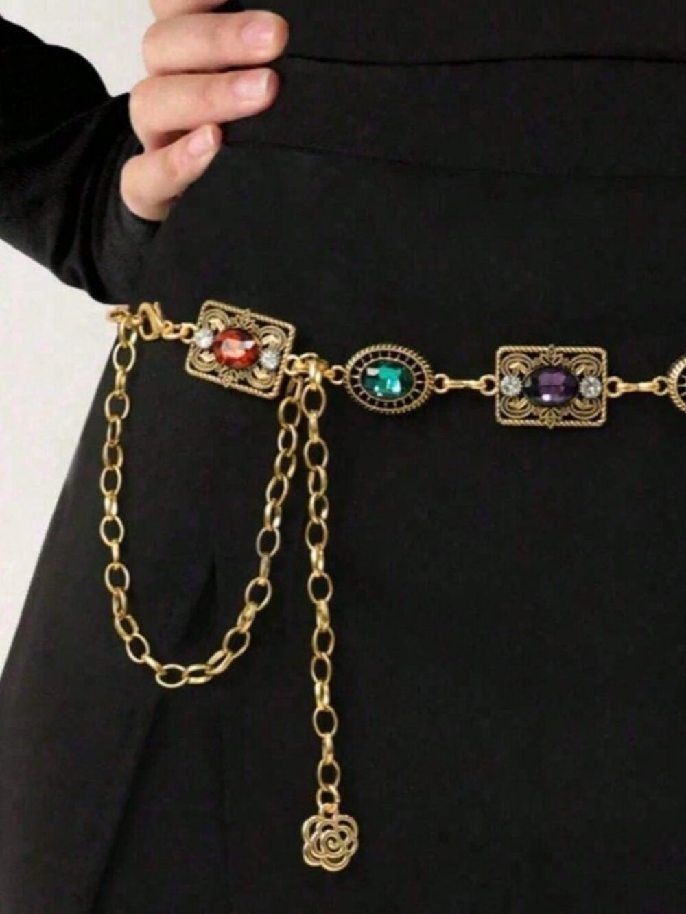 Gold Boho Women's Carved Waist Belt with Metal Chain - Picture 6 of 7